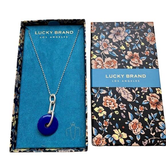 Lucky Brand Blue Circular Stone Pendant on long silver toned chain. - Picture 4 of 6